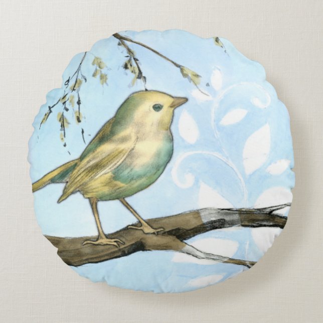 Small Yellow Bird Perched on a Branch Looking up Round Cushion (Front)
