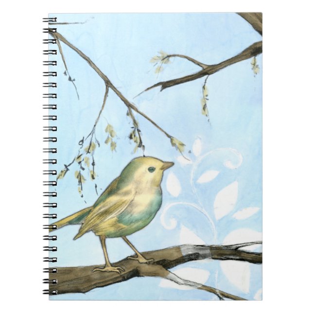 Small Yellow Bird Perched on a Branch Looking up Spiral Notebook (Front)