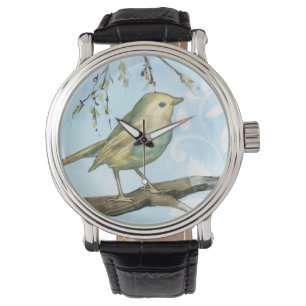 Small Yellow Bird Perched on a Branch Looking up Watch