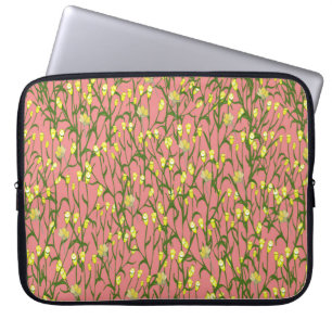Small yellow flowers and branches on a pink backgr laptop sleeve
