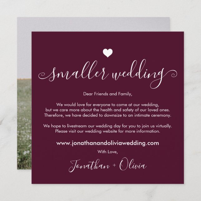 Smaller Wedding Burgundy Photo Downsized Wedding Announcement (Front/Back)