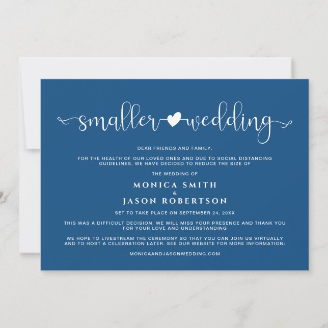 Smaller Wedding Change of Plans Heart Classic Blue Announcement (Front)
