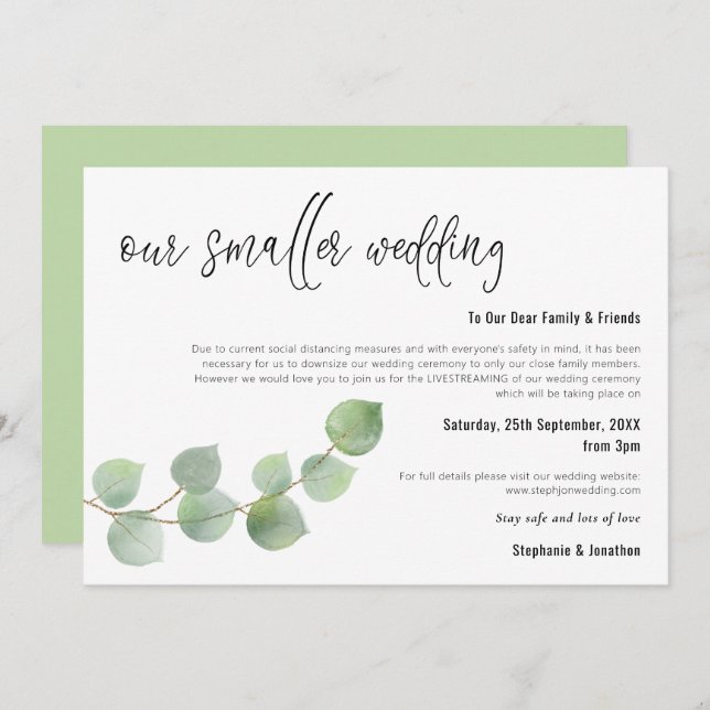 Smaller Wedding Downsize Script Elegant Eucalyptus Announcement (Front/Back)