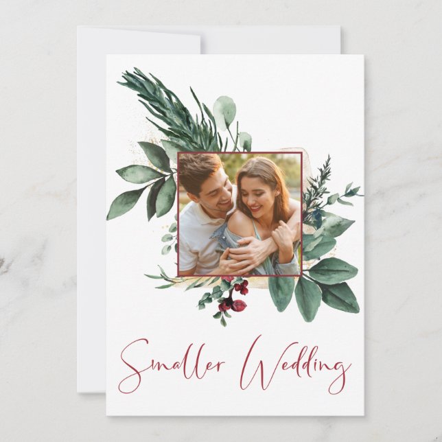 Smaller Wedding Photo Christmas Greenery Announcement (Front)