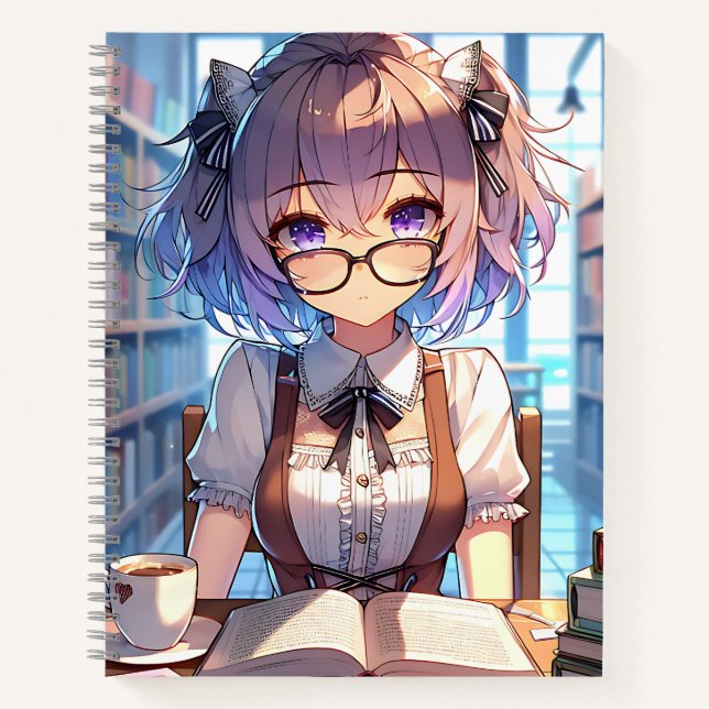 Smart Anime Girl in Library Reading Books (Front)