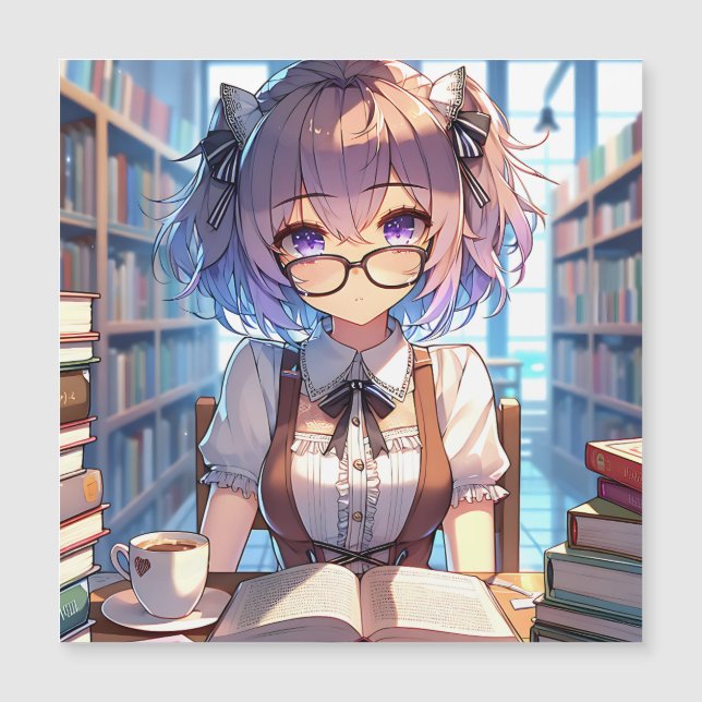 Smart Anime Girl in Library Reading Books (Front)