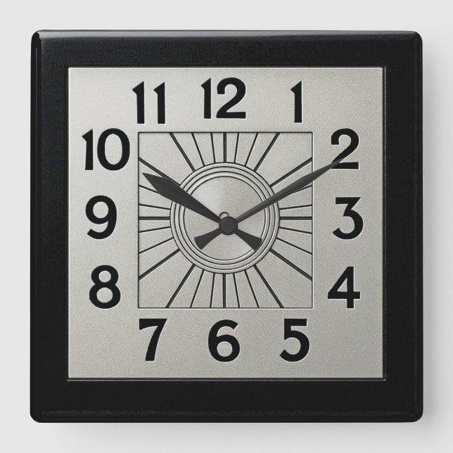 Smart Black and Silver Art Deco Square Clock (Front)