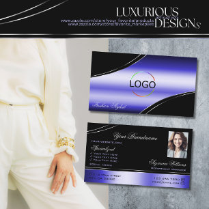 Smart Black Blue Curved Decor Lines Logo and Photo Business Card