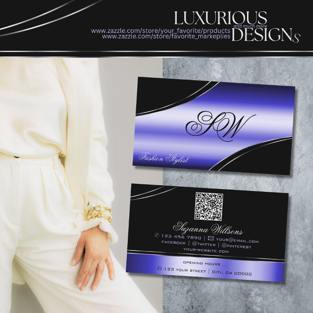 Smart Black Blue Curved Lines Monogram and QR Code Business Card (Creator Uploaded)