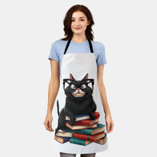 Smart Black Cat with Glasses – Funny Cartoon Apron
