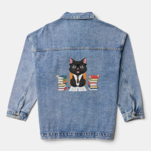Smart Black Cat with Glasses – Funny Cartoon Denim Jacket