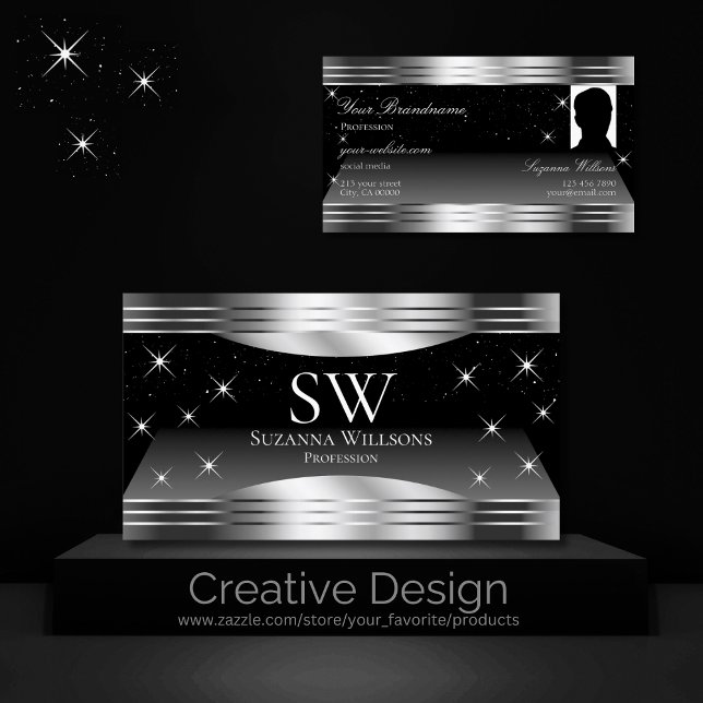 Smart Black Silver Shimmer Borders Monogram Photo Business Card (Creator Uploaded)