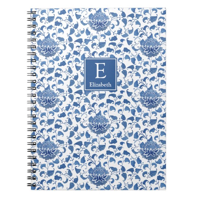Smart Blue And White Monogrammed Chinoiserie Chic Notebook (Front)