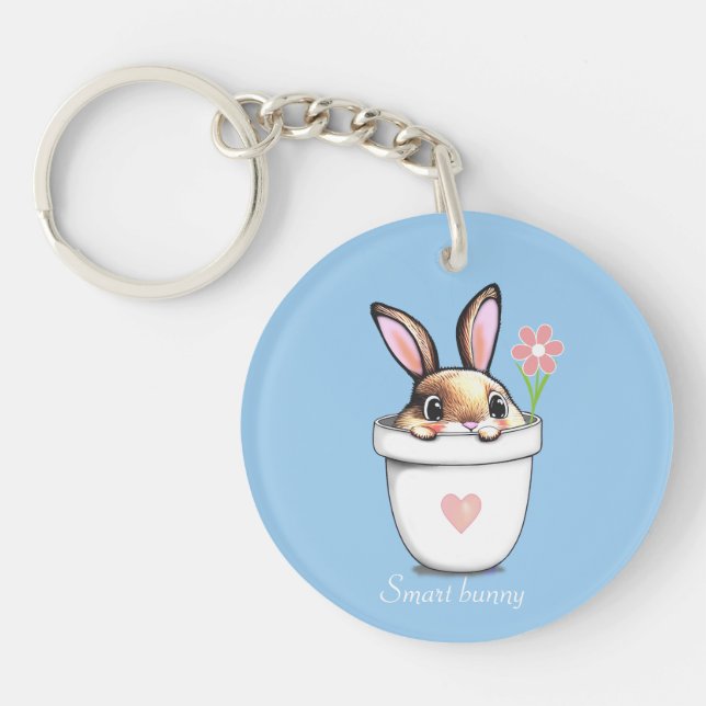 Smart Bunny with Flower & Heart on Light Blue Key Ring (Front)