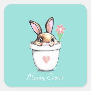 Smart Bunny with Flower & Heart on Light Blue Square Sticker