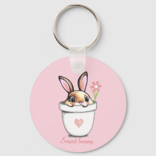 Smart Bunny with Flower & Heart on Light Pink Key Ring