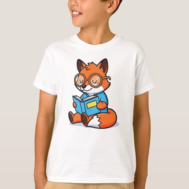 Smart Cartoon Fox Reading a Book T-Shirt (Front)
