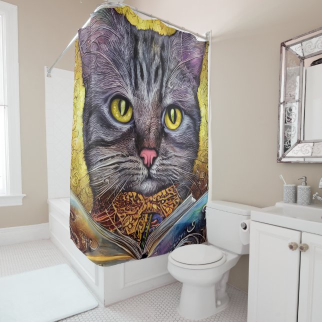 Smart Cat Reading a Book Shower Curtain (In Situ)