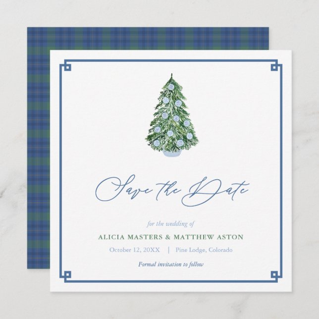Smart Christmas Tree Green Blue Winter Wedding Save The Date (Front/Back)