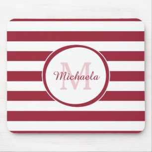 Smart Crimson Red Awning Stripes Name and Monogram Mouse Pad