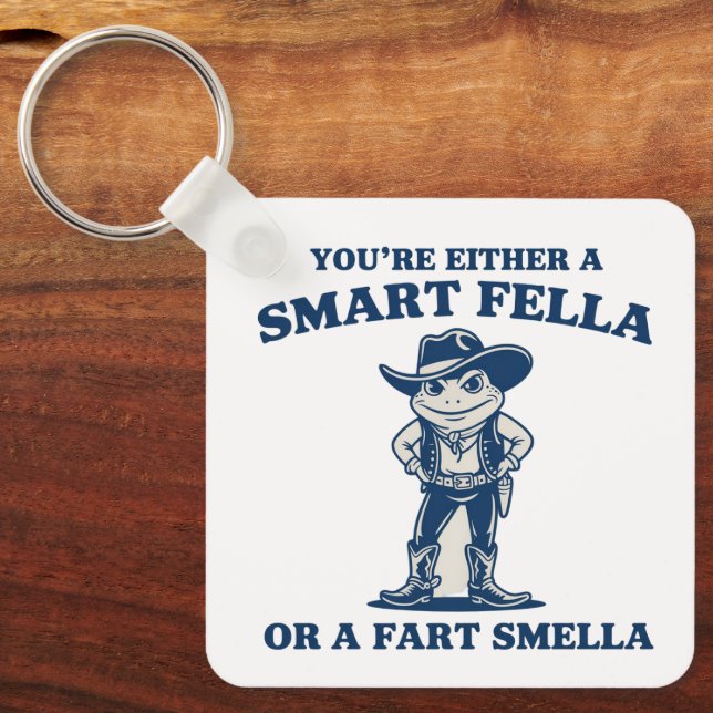 Smart Fella or Fart Smella Retro Frog Meme Funny Key Ring (Front)