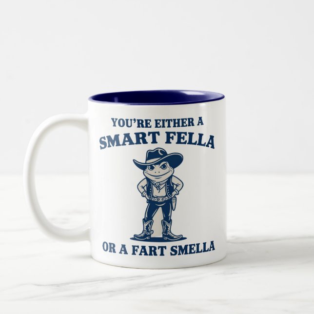 Smart Fella or Fart Smella Retro Frog Meme Funny Two-Tone Coffee Mug (Left)