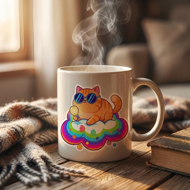 Smart Ginger Cat with Lightbulb - Funny Big Idea B 6 Cm Round Badge (on a cup)