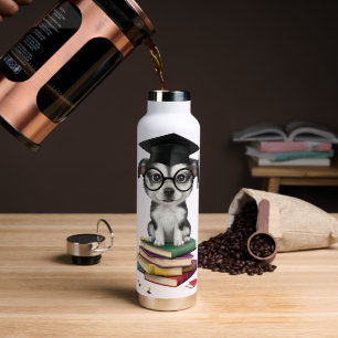 Smart Graduation Dog Sticker – Cute Pup with Glass Water Bottle
