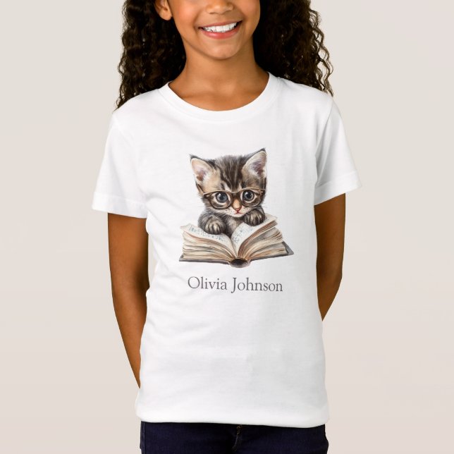 Smart Kitten with Glasses Custom Name Kids' T-Shirt (Front)