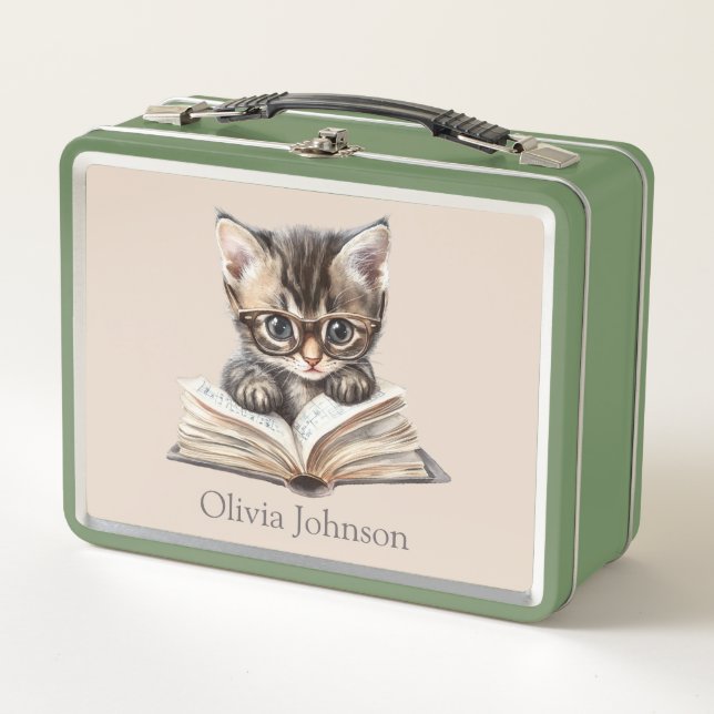 Smart Kitten with Glasses Personalised Metal Lunch Box (Front)