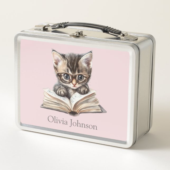 Smart Kitten with Glasses Personalised Metal Lunch Box (Front)