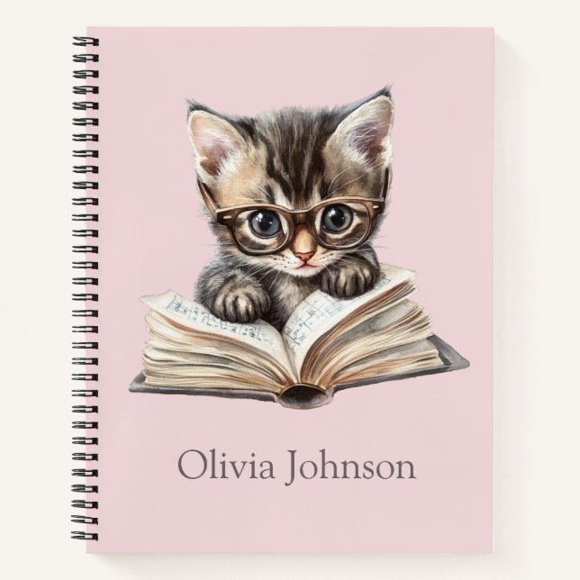 Smart Kitten with Glasses Personalised Notebook (Front)