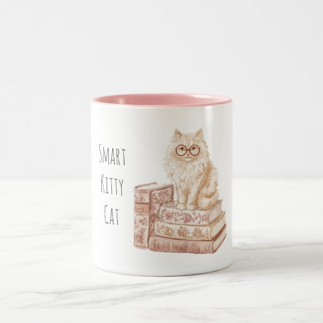 Smart Kitty Cat Glasses Pink Books Two-Tone Coffee Mug (Center)