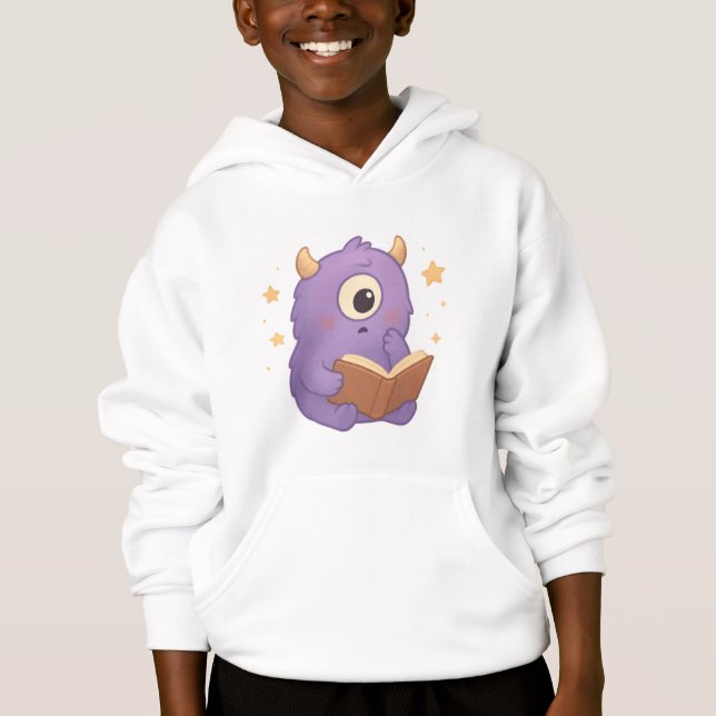 Smart Reading Monster Kids Hoodie — Purple Book  (Front)