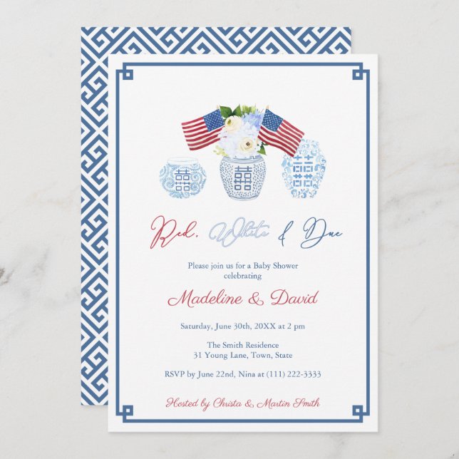 Smart Red White Due Chinoiserie Baby Shower Party Invitation (Front/Back)
