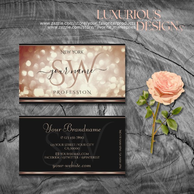 Smart Rose Gold Sparkle Glitter Black and Initials Business Card (Creator Uploaded)