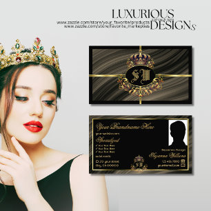 Smart Royal Brown Gold Crown with Monogram Photo Business Card