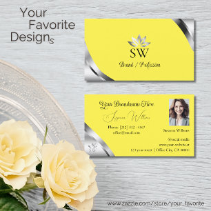 Smart Silver Corners on Yellow Monogram and Photo Business Card