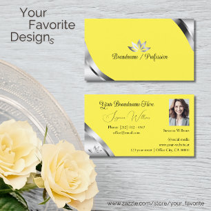 Smart Silver Corners on Yellow with Petals Photo Business Card