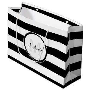 Smart Solid Black and White Stripes With Monogram Large Gift Bag