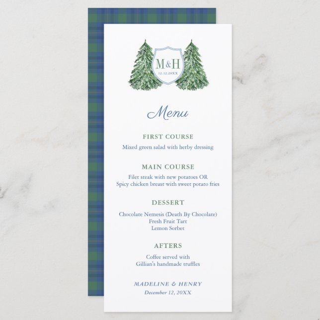 Smart Tartan Winter Wedding Engagement Party Menu (Front/Back)