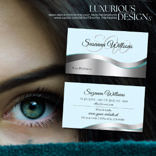 Smart Teal Wavy Silver Decor with Initials Classy Business Card