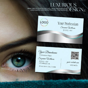 Smart Teal Wavy Silver Decor with Logo and QR Code Business Card