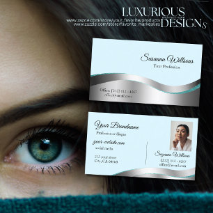 Smart Teal Wavy Silver Decor with Photo Classy Business Card