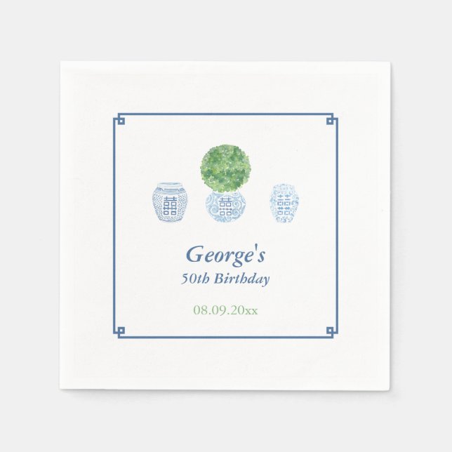 Smart Topiary Blue And Green Adult Birthday Party Napkin (Front)