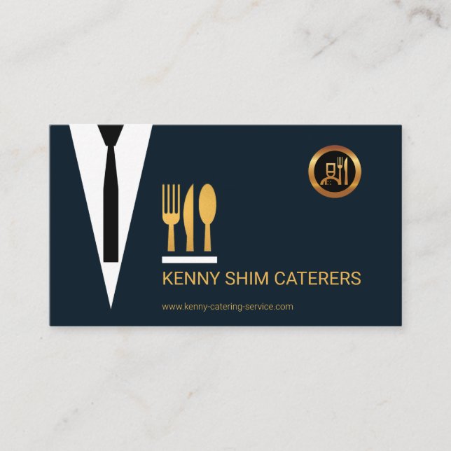 Smart Waiter's Blue Suit Gold Cutlery Utensils Business Card (Front)