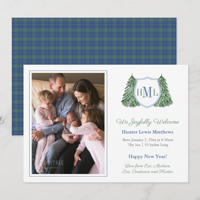 Smart Winter Blue Green Photo Baby Boy Birth  Announcement (Front/Back)