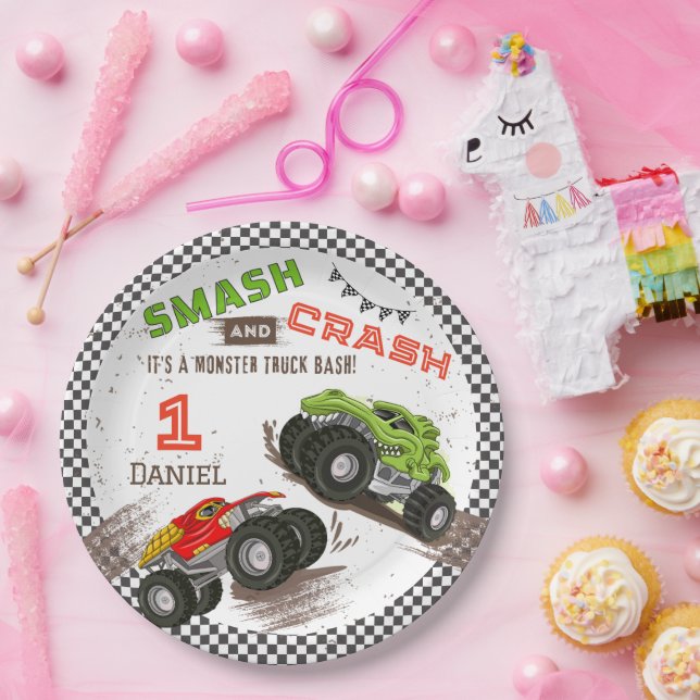 Smash and Crash Monster Truck 1st Birthday Party Paper Plate (Party)