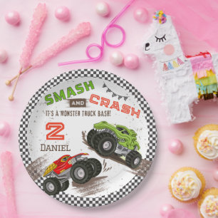 Smash and Crash Monster Truck 2nd Birthday Party Paper Plate