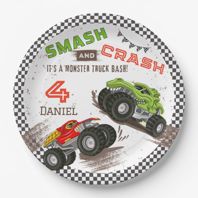 Smash and Crash Monster Truck 4th Birthday Party Paper Plate (Front)